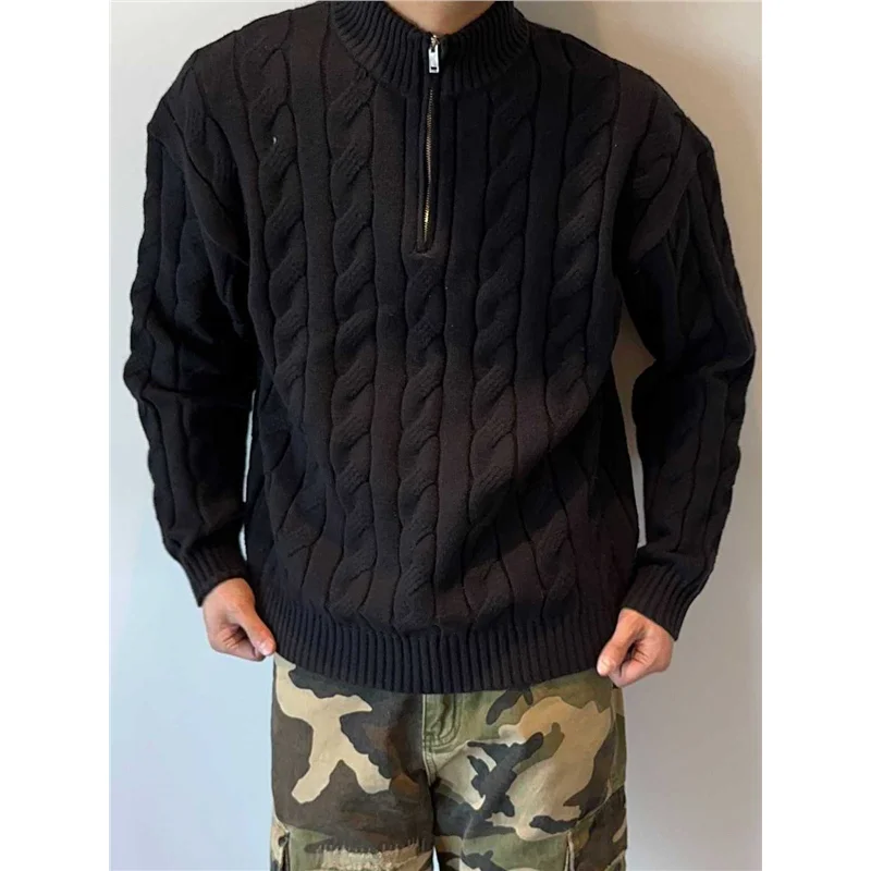 

Свободный мужской вязаный свитер на молнии, тяжелый вес, массивная текстура, старые деньги, зимний повседневный топ, внутренняя одежда, трикотаж