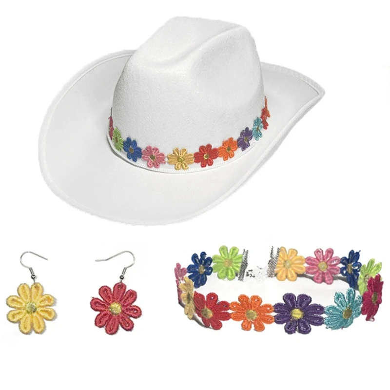 

3pcs Woman Dangle Earring+Flower Choker+Cowboy Hat Set Carnivals Costume Outdoor Wide Brims Bridal Hat for Photoshoots