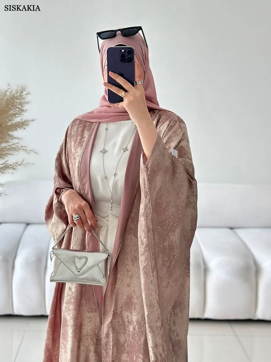 Siskakia-Stylish Gold Stamping Open Abaya, Patchwork Cardigan, Dolman Sleeve Kaftan, Dubai Kaftan, Elegant