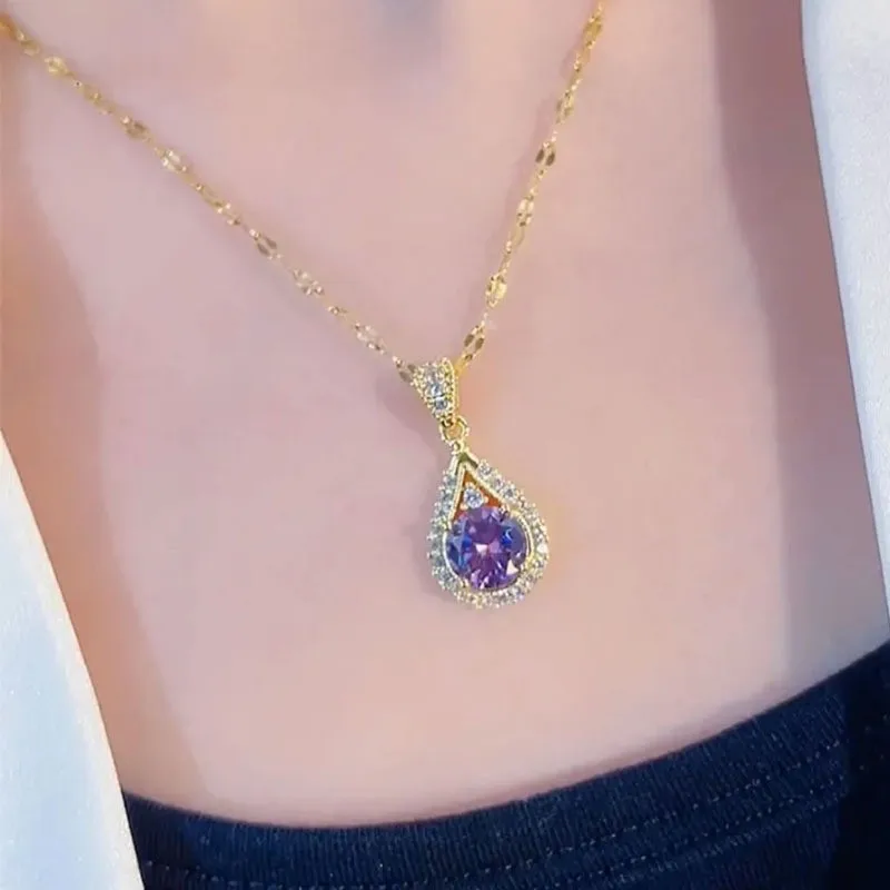 Elegant Purple Titanium Steel Necklace, Violet Waterdrop Design, Versatile & Fashionable with Micro Inlaid Stones, Valentine's Day Gift Clavicle Chain