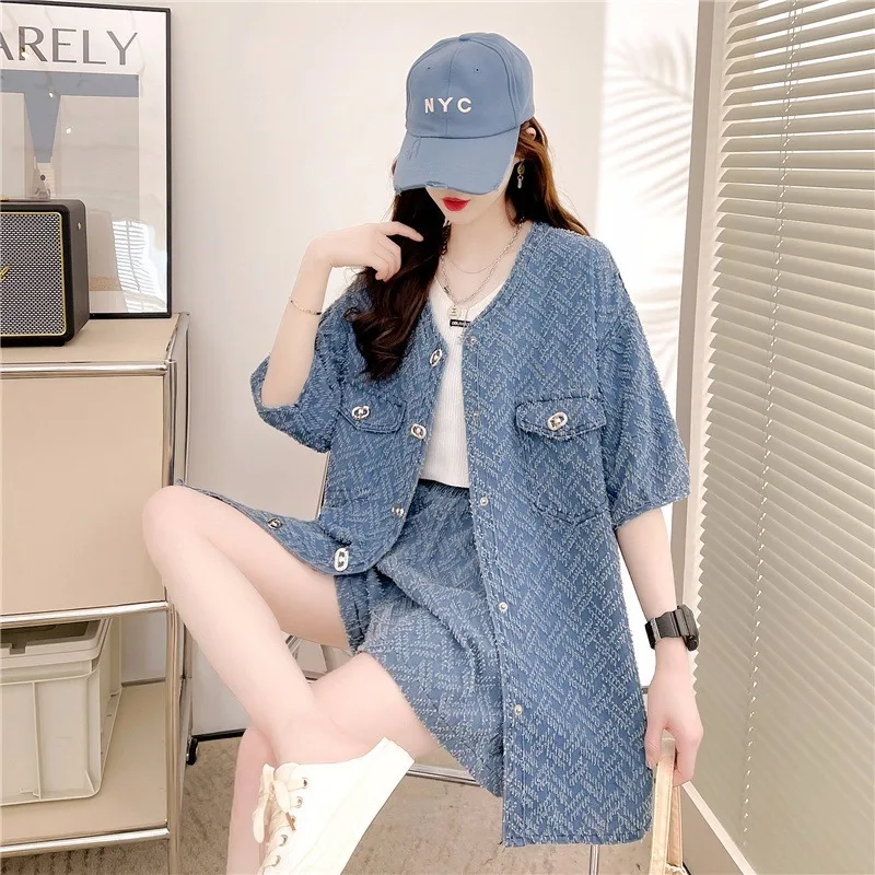 Summer Women\'s Blue Denim Suit Fashion Loose Oversized Short-sleeved V-neck Denim Top Jacket Elastic Waist Denim Shorts 2pcs Set