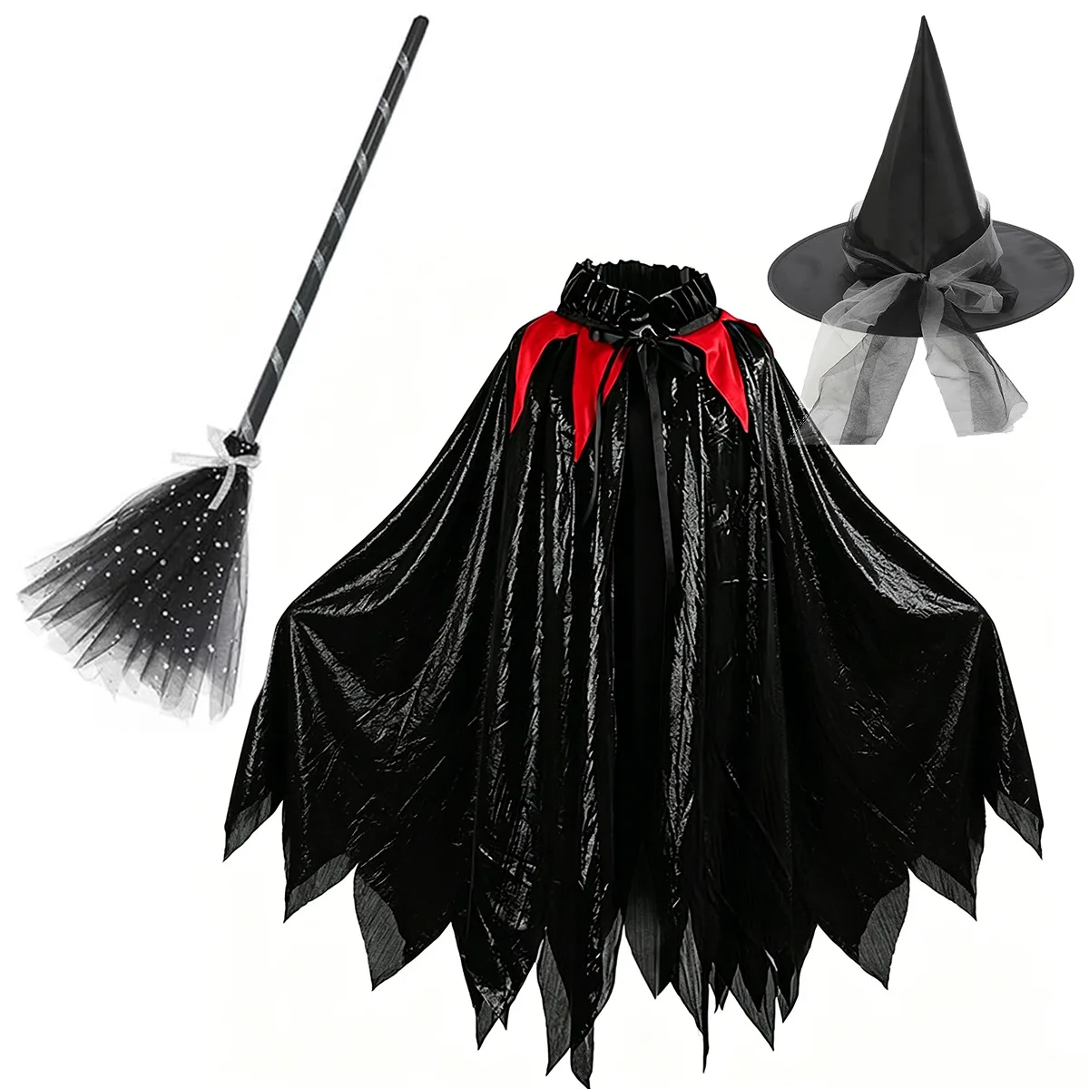 Shiny Witch 3‑Pcs Set Irregular Hem Cloak 5 Colors Parent‑Child Matching Outfit For Halloween Carnival Fancy Party Dress Up Wear