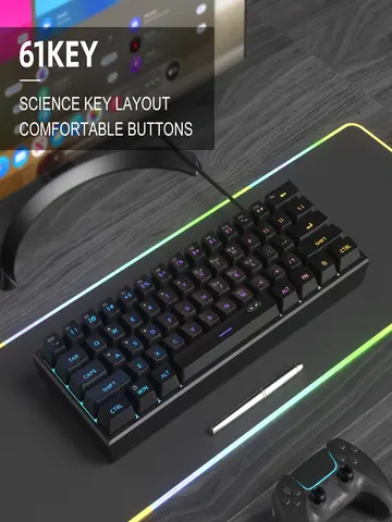 MageGee Mini teclado para juegos 60%, teclado ultracompacto retroiluminado RGB de 61 teclas, oficina de sensación mecánica impermeable ergonómica TS91