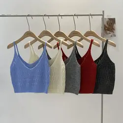 Spring Summer New Style Korean Version Knitted Strap Vest Hollow out V-Neck Short Spicy Girl Layering Outerwear Tank Top