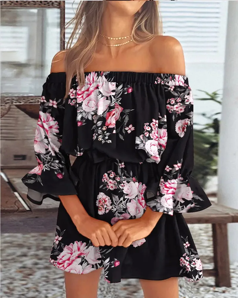 المرأة الصيف نمط فستان قصير سيدة عادية مائل الرقبة نصف مضيئة كم ورقة فستان مُزين بطباعة Vestidos