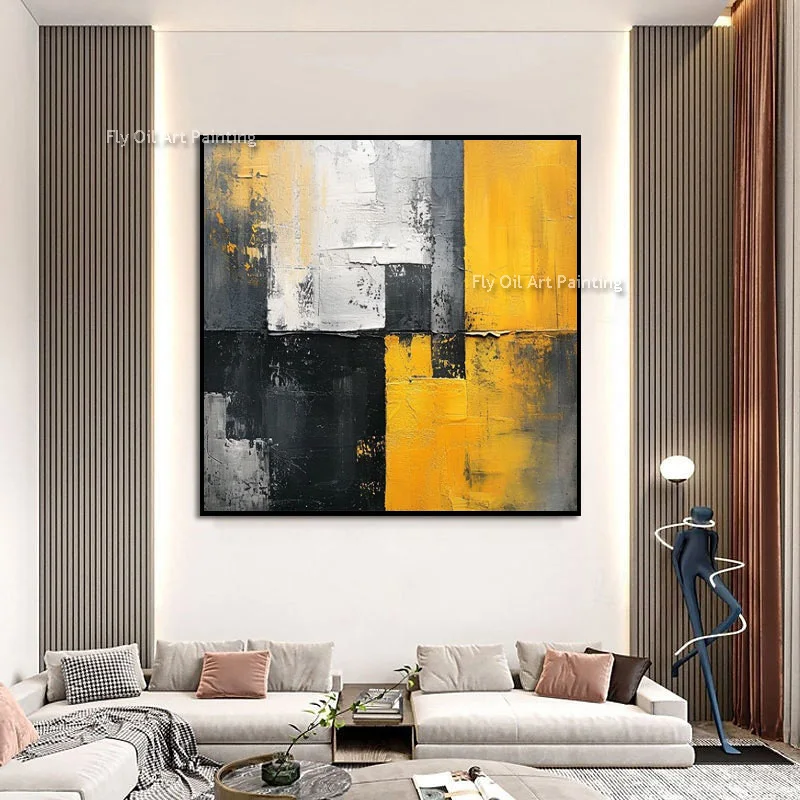Thick Impasto Hand Painted Abstract Wall Art, Yellow Black Spliced Oil Canvas, Modern Sofa Background Decor