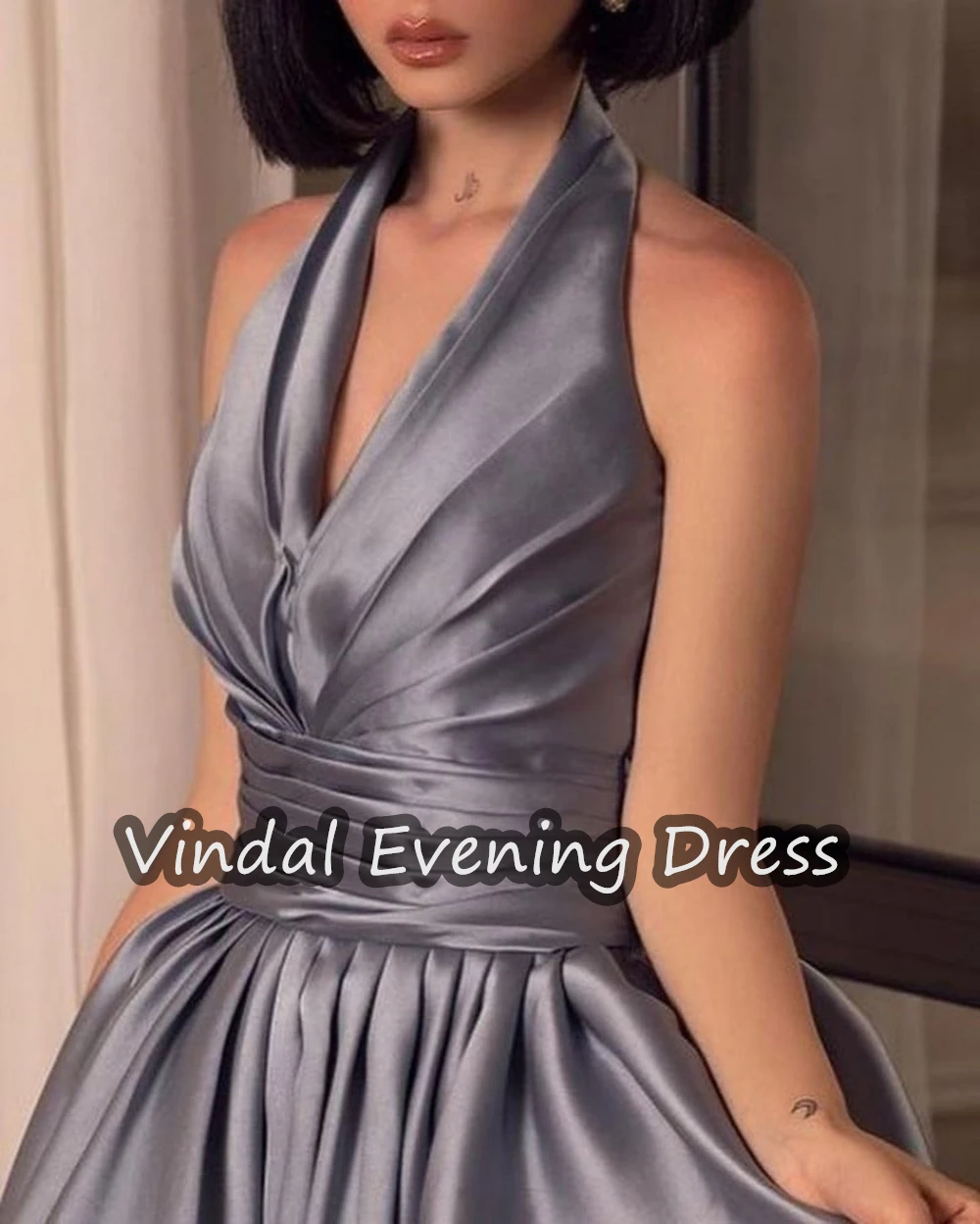 Vindal-vestido de noche con volantes y cuello Halter para mujer, vestido de baile de satén elegante con sujetador incorporado, mangas cortas, Arabia Saudita, 2024