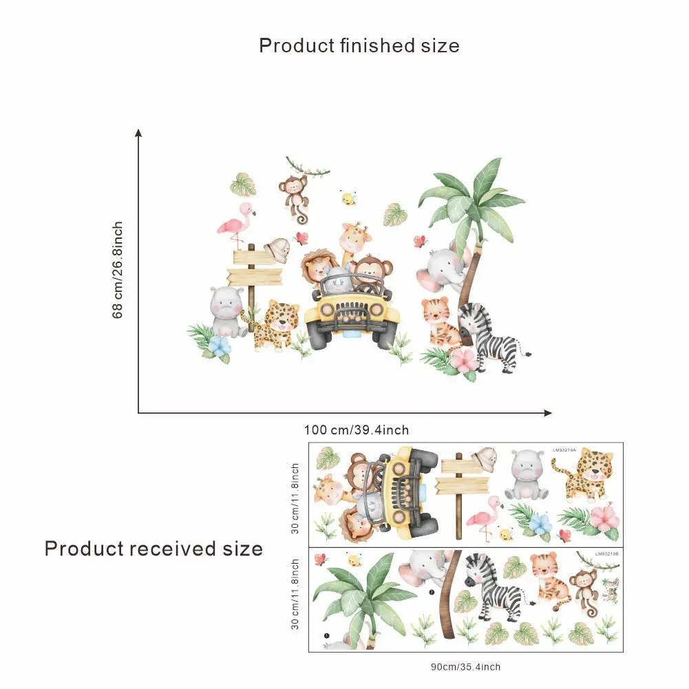 Kawaii Cartoon Forest Animals Wall Stickers for Children Boys Baby Room Decoration Elephant Giraffe Monkey Car Tree Wallpaper