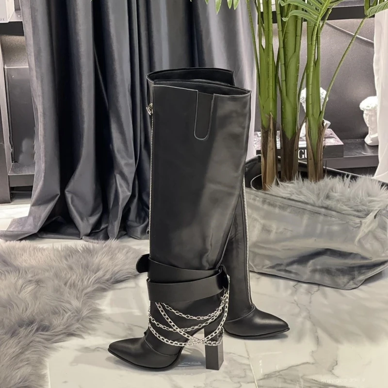 Belt Buckle Chain Boots Women Pointed Toe Chunky Heels Knee High Boots Front Zipper Black Leather Long Boots Winter Shoes