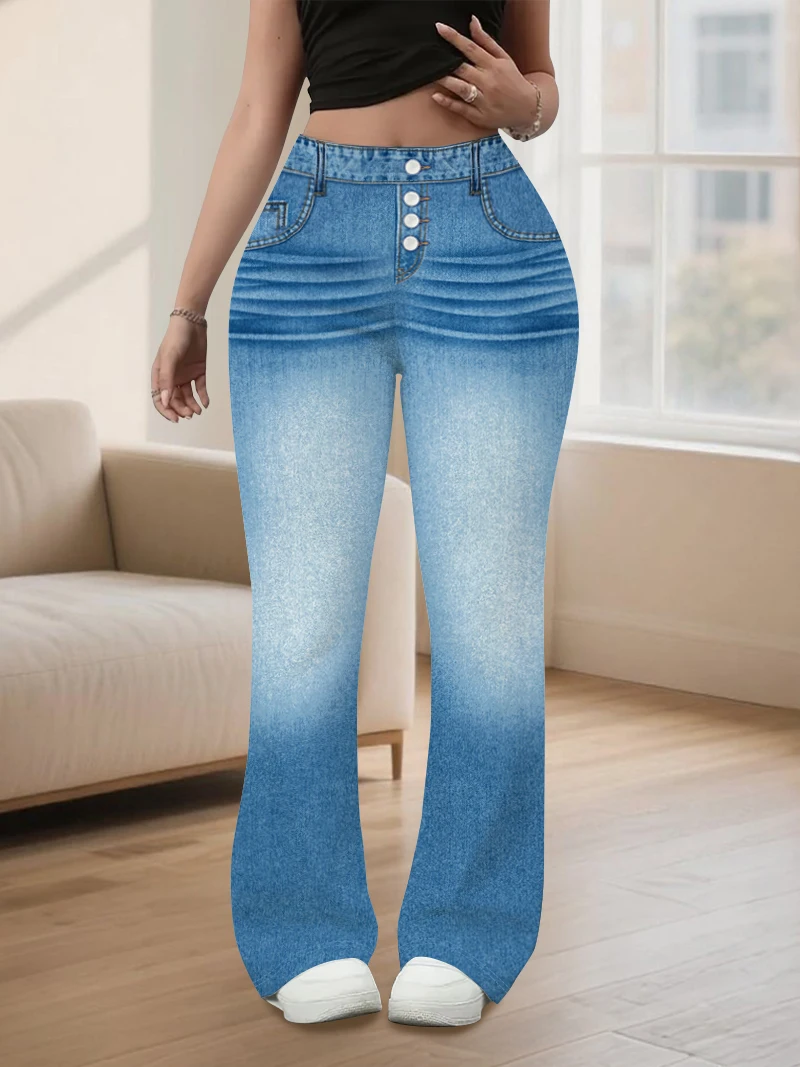 

Chic Gradient Flare Pants Plus Size, High Waist Tummy Control Button Fly Jeggings, Stretchy Retro Bell Bottoms for Curvy Women