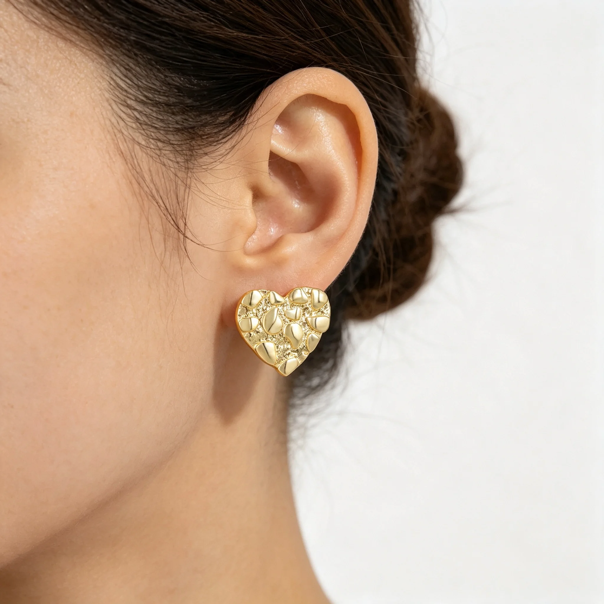 2 Pairs Set Heart Shape Nugget Earrings 14K Gold Plated Textured Rough Design Fashion Jewelry for Women