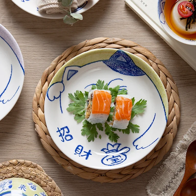 Cartoon Kitten Dinner Plate and Bowl Set Ceramic Lucky Cat Serving Dish, 8 Inch Pasta Plate, 5 Inch Rice Salad Bowl