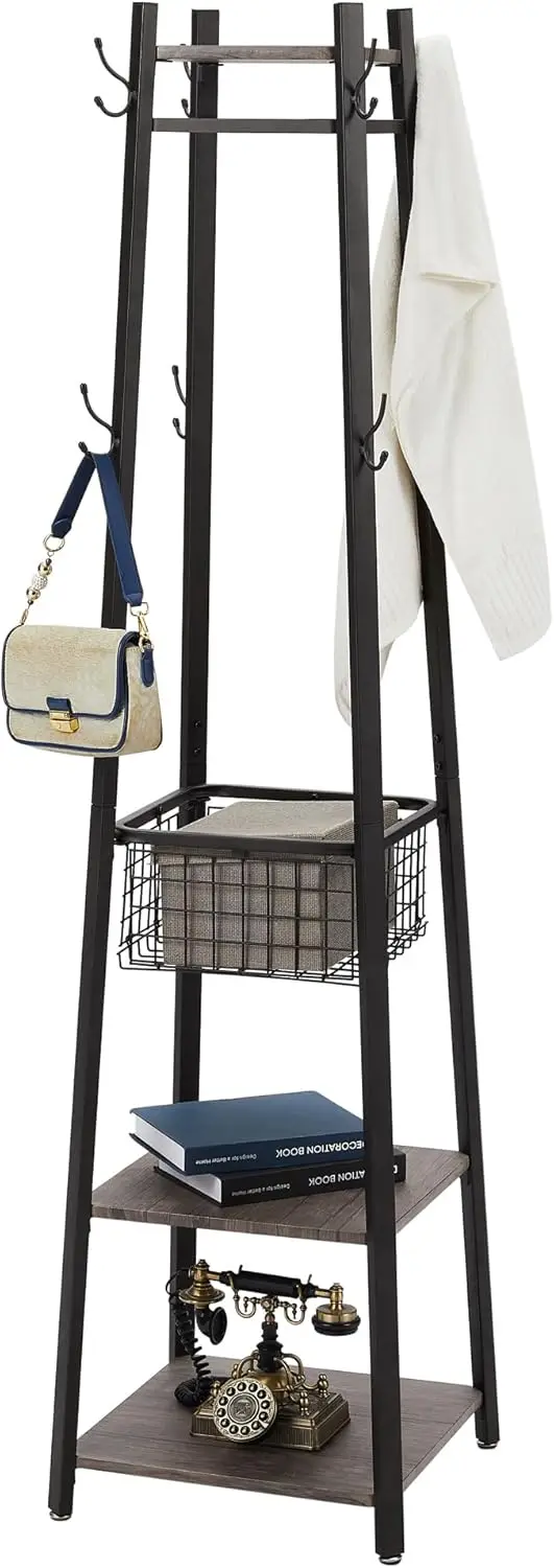 

Industrial Coat Rack,Enterway Clothes Stand with 2 Tier Storage Shelves and Metal Basket,Upgrade Hall Trees with 8 Dual H