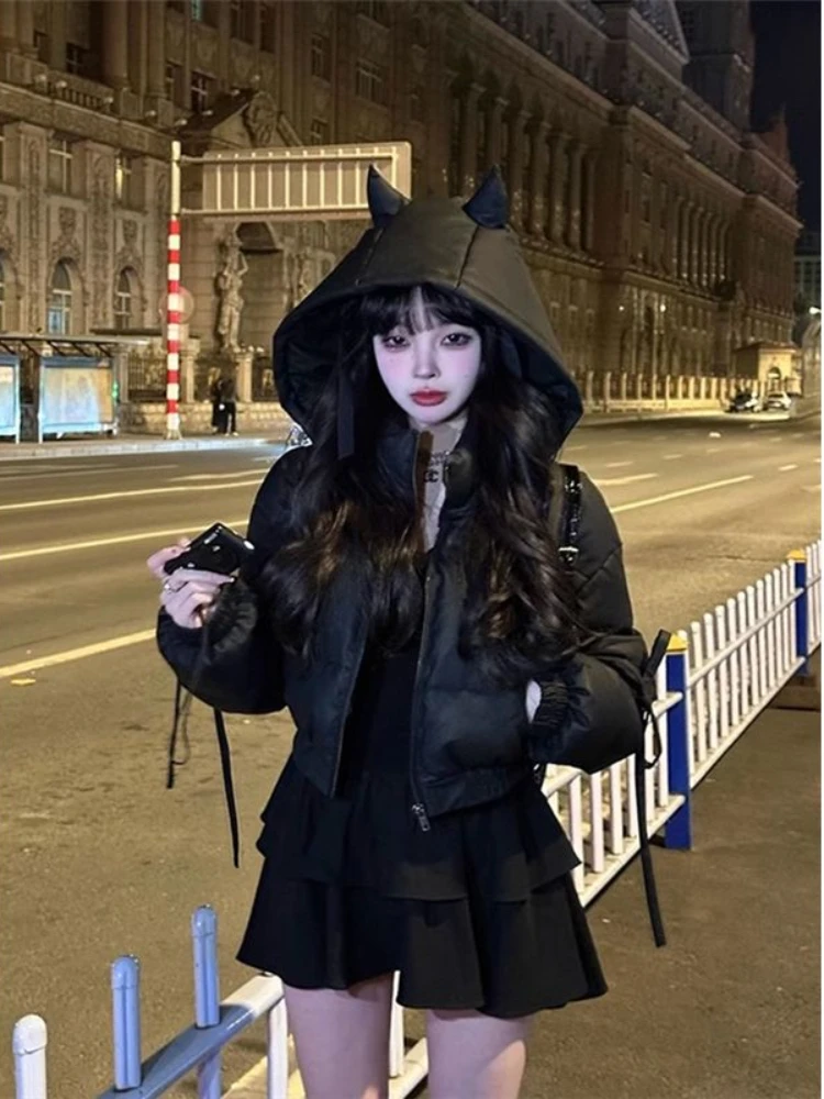 Halloween American style Hot Girl Black Hooded Cotton Jacket Autumn/Winter Harajuku Style Y2K Retro Trendy Women's Tops Emo