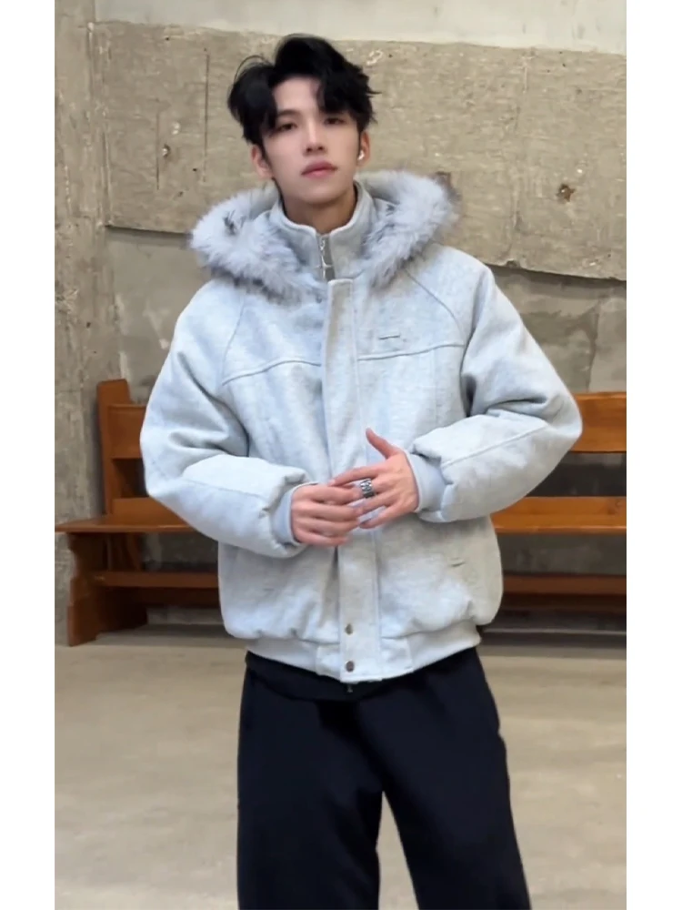 

Ретро-куртка в американском стиле с капюшоном, утепленная, из хлопка, мужская зимняя теплая куртка премиум-класса, парная теплая хлопковая одежда с большим меховым воротником