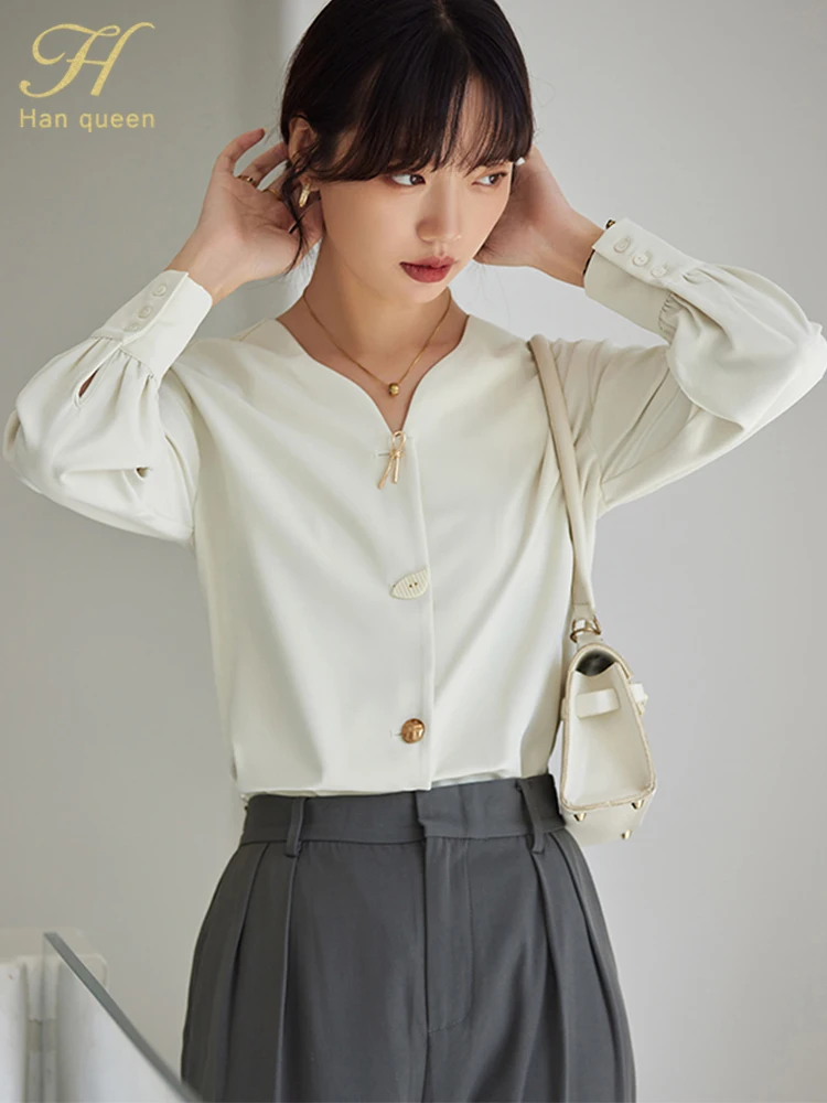 H Han Queen New Arrival Autumn V-Neck Shirt Womens Blouses Vintage Work Casual Tops Chiffon Blouse Elegant Loose Shirts Female