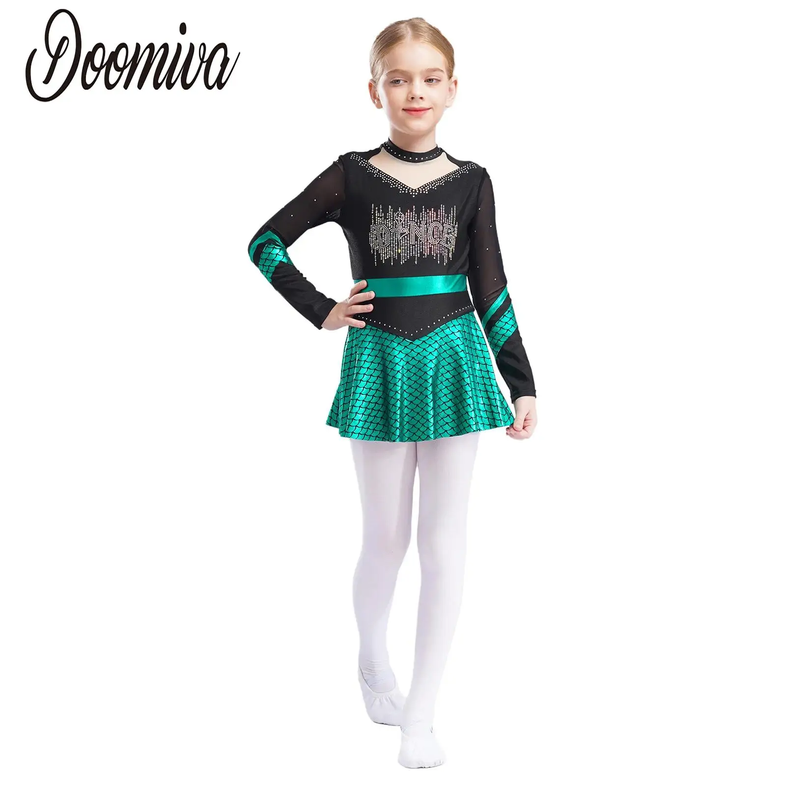 

Girls Lyrical Modern Dance Dress Mermaid Cosplay Costume Metallic Fish Scales Patchwork Leotards Dress with Built-in Shorts