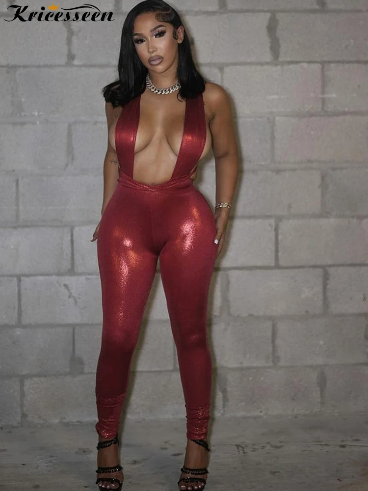 

Kricesseen женский бандажный комбинезон без рукавов из искусственной кожи, блестящие кожаные комбинезоны с вырезами, облегающая одежда, клубная одежда