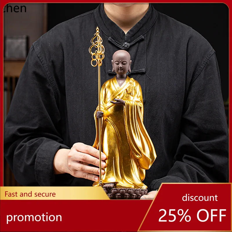 

Cz large purple clay pottery ksitigarbha bodhisattva buddha statue golden robe ornament home zen worship entrance for home