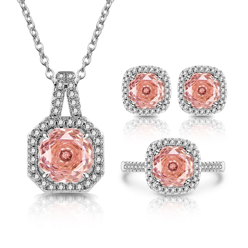 

Стерлингового Серебра 925, кристалл циркона, роза, квадратная сумка принцессы, кольцо, серьги, ожерелье, комплект, подарок на день рождения, годовщину