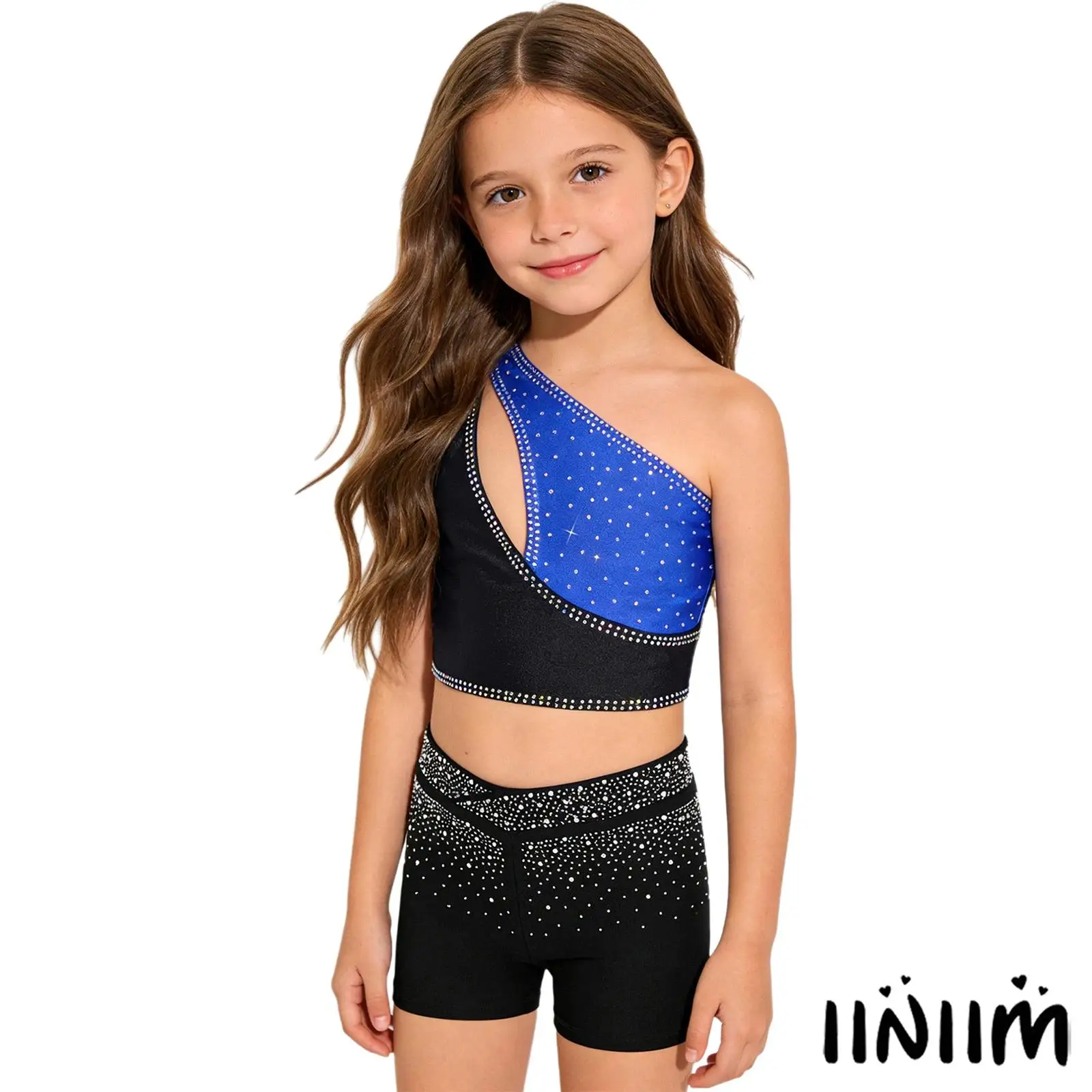 

Детский гимнастический костюм для девочек: лирический танцевальный наряд балерины, топ без рукавов на одно плечо с блестками и шорты