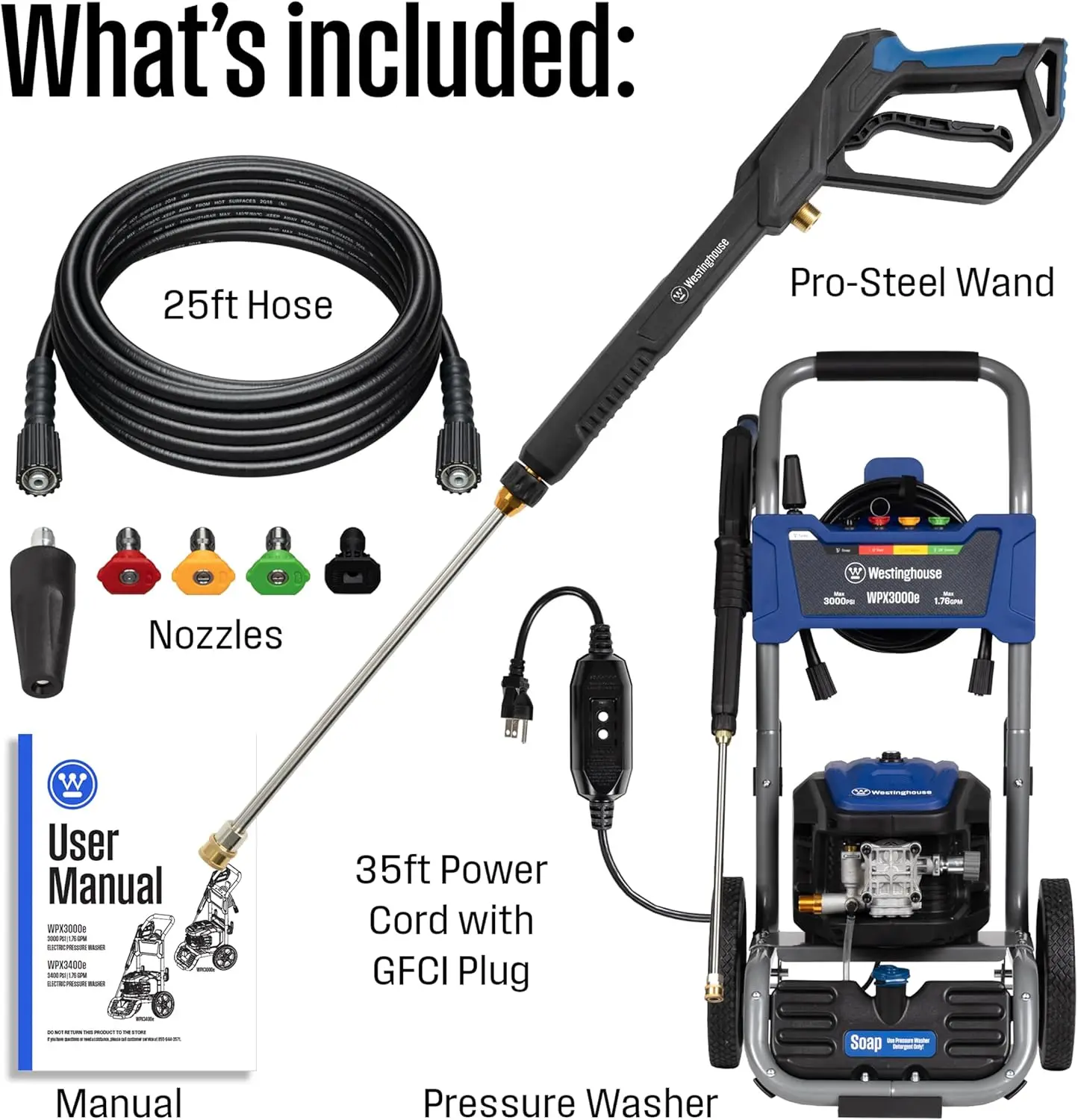 

Электрическая мойка высокого давления WPX3000e, 3000 PSI и 1,76 GPM, индукционный двигатель, встроенный бак для моющего средства, пистолет-распылитель и насадка, 5 насадок