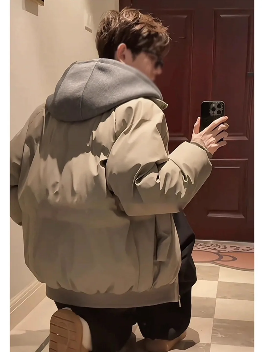 

American Sle Thiened ort PU Leather Cotton Jaet Men's Winter Warm Outerwear Hooded Non-Bulky Bread Coat Trendy