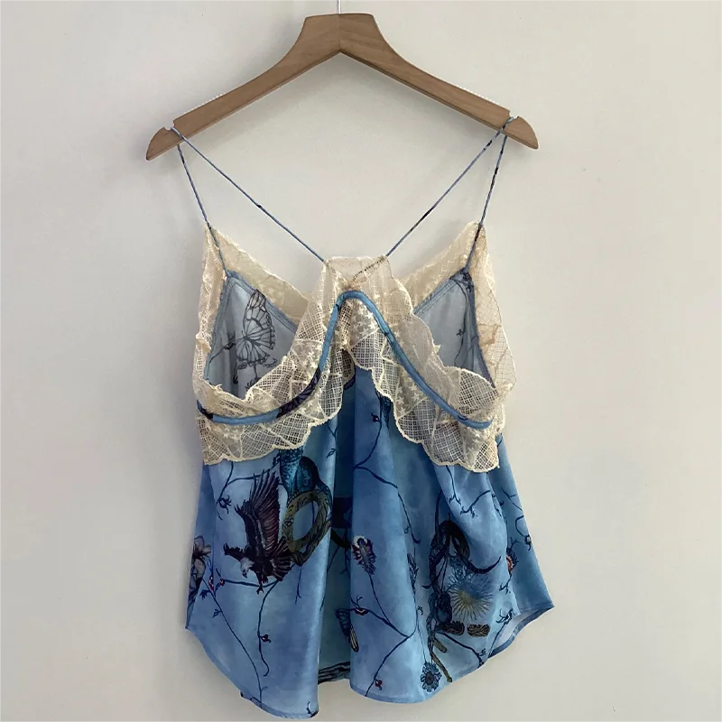 Zadig Camisole Tops Women Summer Blue Vintage Strap Sling Tops Female Casual Print Design Spring Fashion Spaghetti Camisole Top