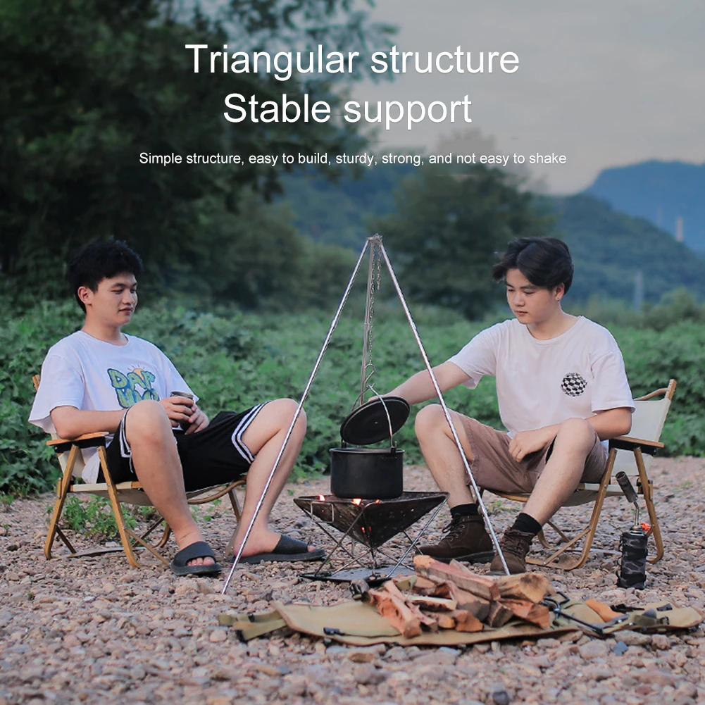 حامل ثلاثي القوائم للطبخ في الهواء الطلق مصنوع من سبائك الألومنيوم وحامل قابل للفصل وسلسلة من الفولاذ المقاوم للصدأ وإطار وعاء الطبخ أداة معدات الطبخ للنزهات