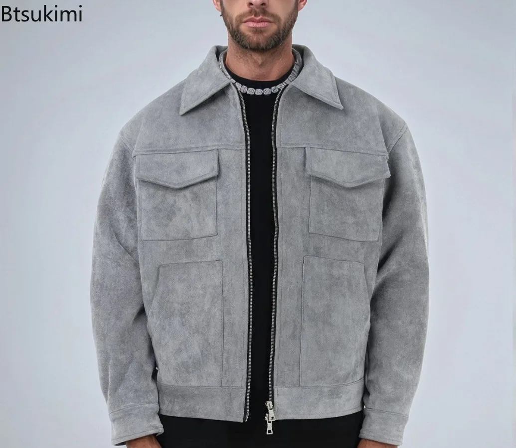 

New Autumn Jackets Men's Casual Clothes High Street Pocket Laper Zipper Suede Fabric Jackets Men Loose Vintage Windbreaker Coats