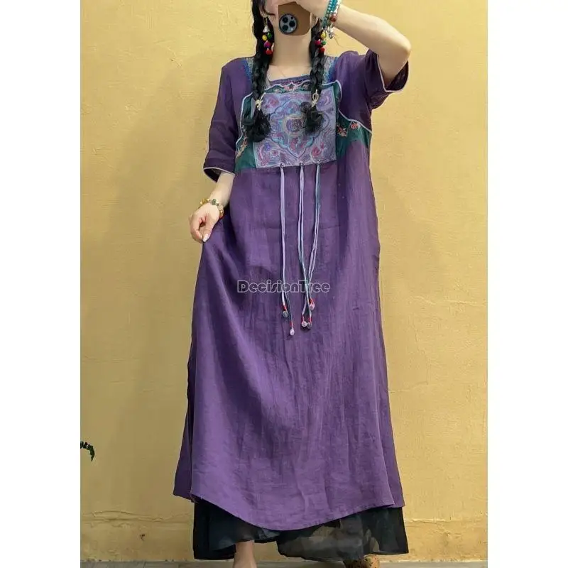 2023 summer chinese ethnic style embroidery linen dress short sleeve square collar long vintage dress women national dress s284