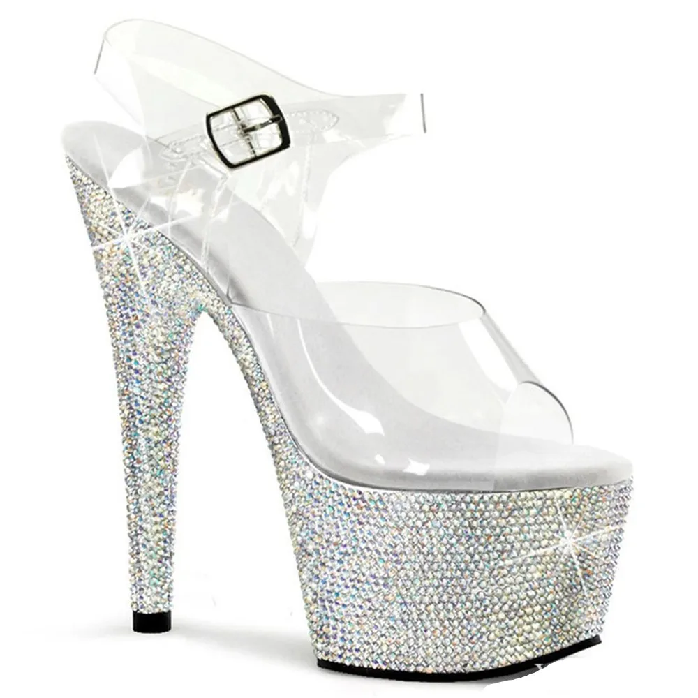 Silver diamond shining waterproof platform, summer stiletto heels 15-17cm pole dance performance, model stage show sandals