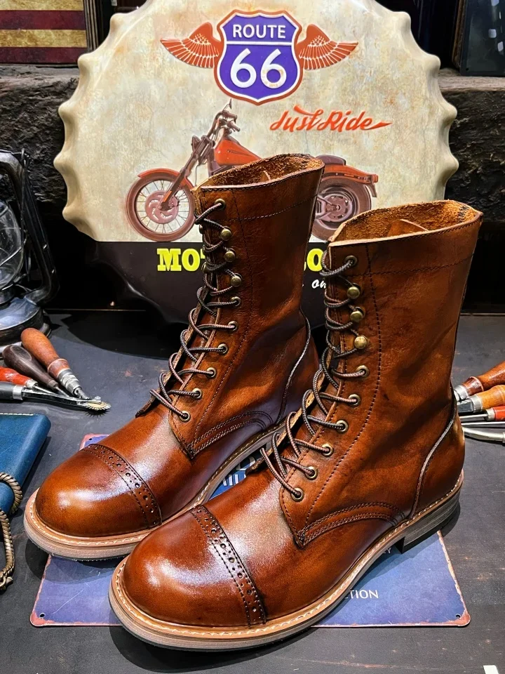 American Vintage Leather Tooling Cycling Boots Men\'s Big Head Layer Cowhide Long Motorcycle Shoes