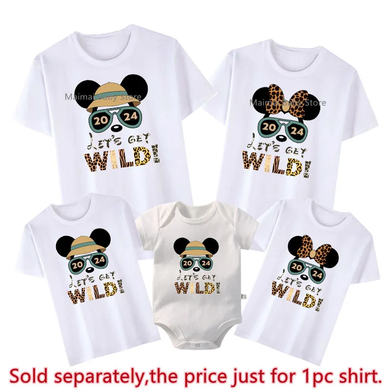 2024 Disney Let\'s Get Wild Funny Family Matching Shirts Animal Kingdom Mickey Minnie Print Dad Mom Kids Baby Family Trip Outfits