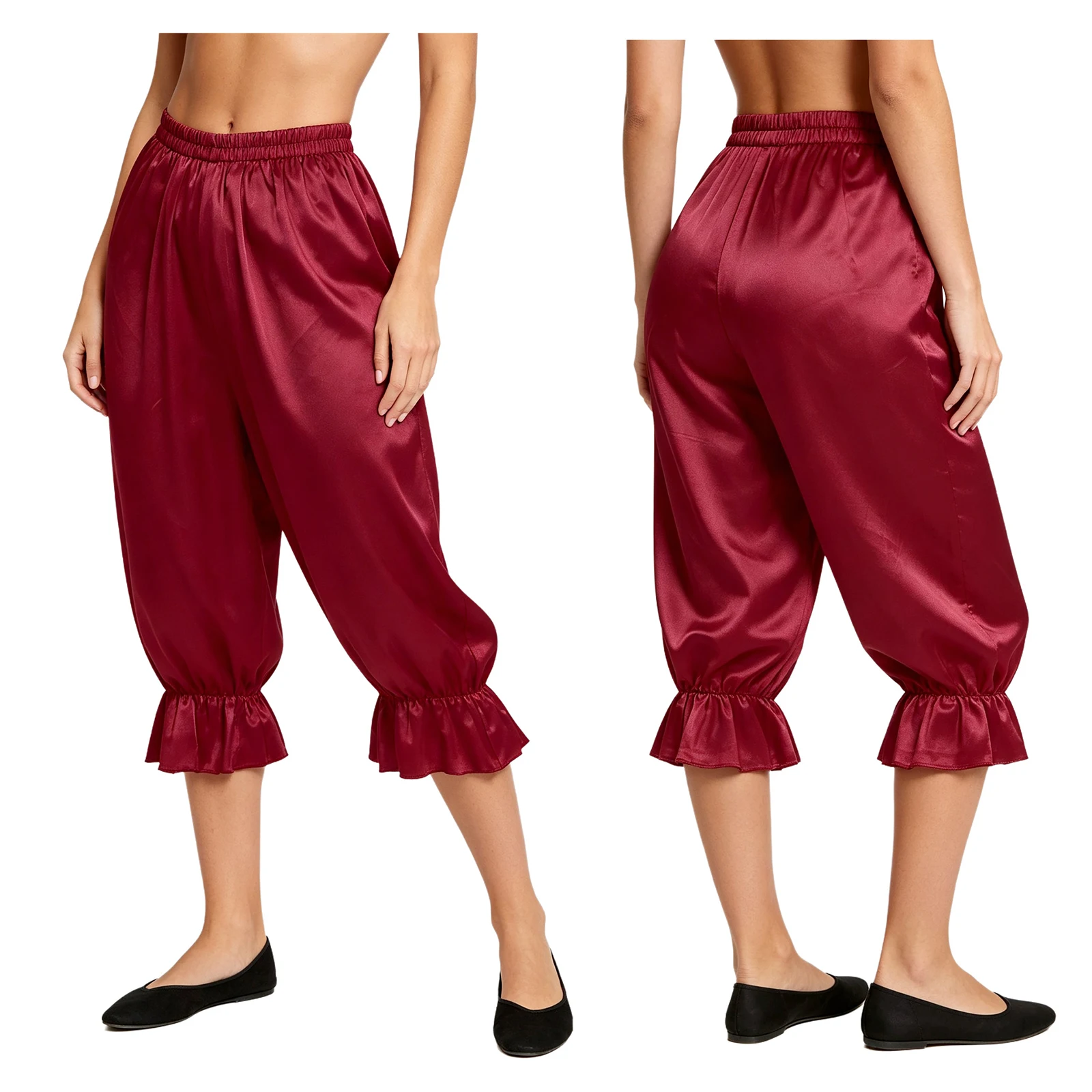 Women Vintage Victorian Pumpkin Shorts Gothic Pantaloons Costume Arabian Bloomers Layered Ruffle Lace Trim Loose Bloomers Shorts