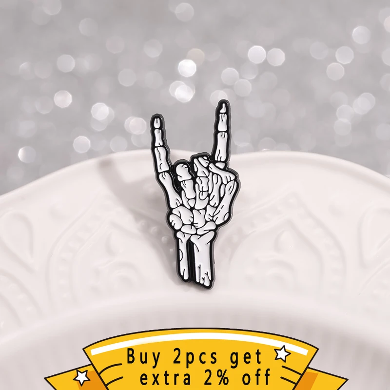 Rock Band Gestures Enamel Pins Custom Halloween Skeletal Finger Joints Brooches Lapel Badges Punk Gothic Jewelry Gift For Kids