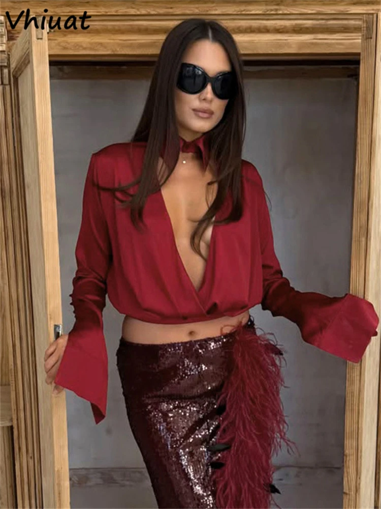 Vhiuat 2026 New Women Satin Chic Bow Tie Neck Long Sleeve Sexy T Shirt Sexy Club Y2K Clothes Fashion Deep Neck Crop Tops Female