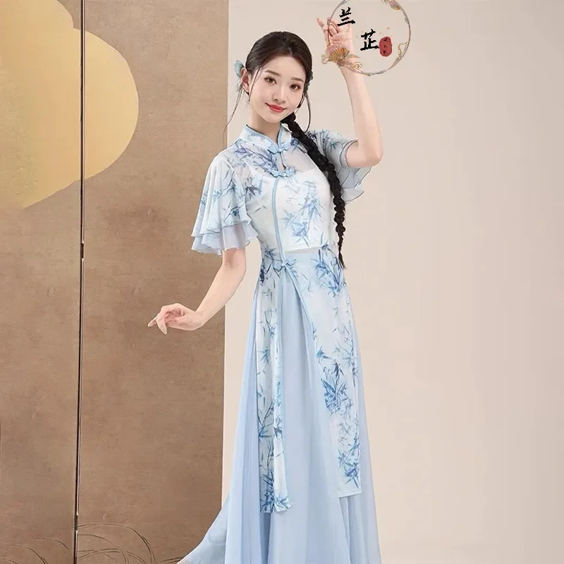 

Women's New Chinese Style Cheongsam Dance Costume Classical Tea Art Performance Outfit Flowy Chiffon Top And Skirt Pants