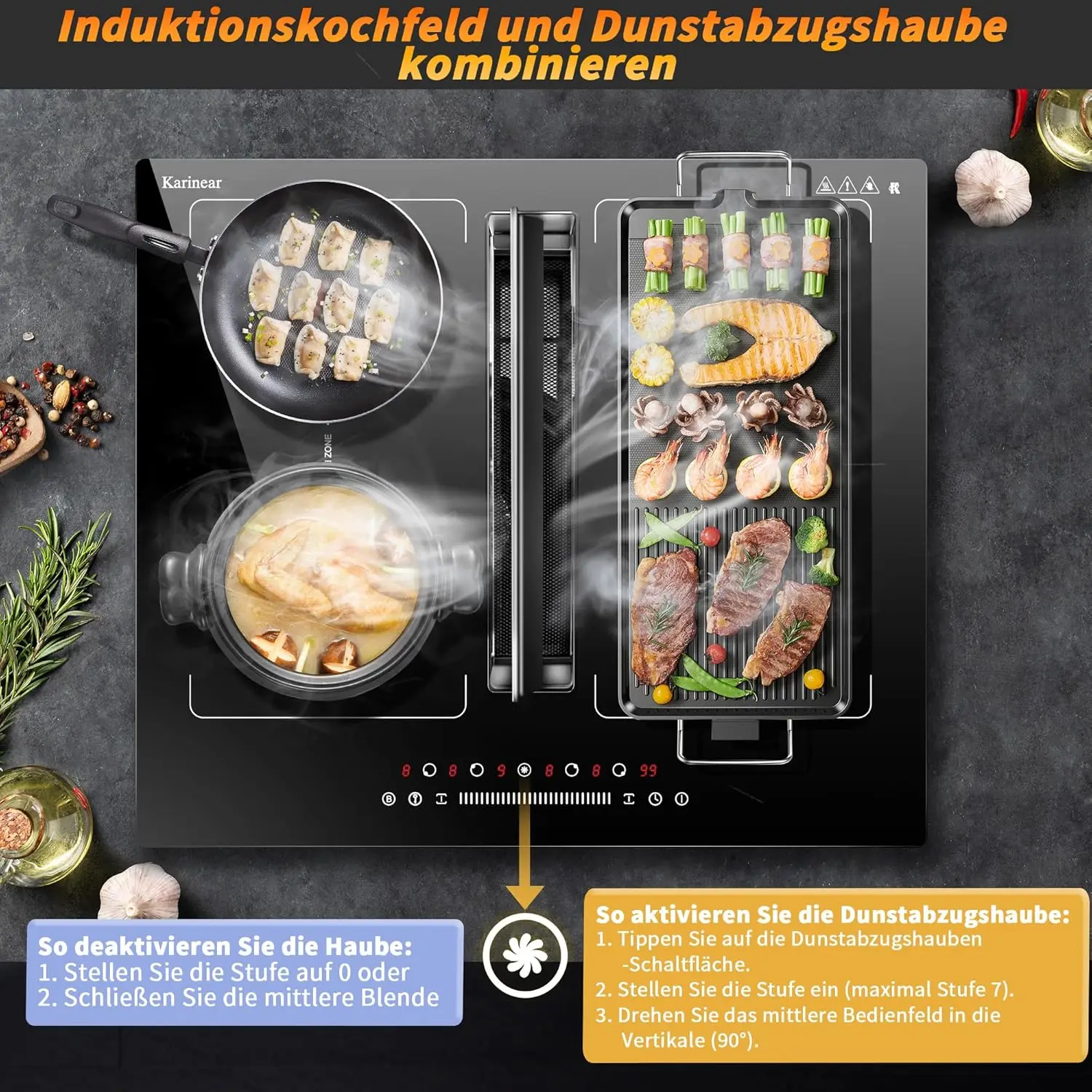 موقد Karinear التعريفي ذو 4 مناطق فليكس مع مستخرج (غطاء مستخرج 145 وات)، مدمج 60 سم، مؤقت، دفعة، توقف، 7200 وات، بدون قابس #2