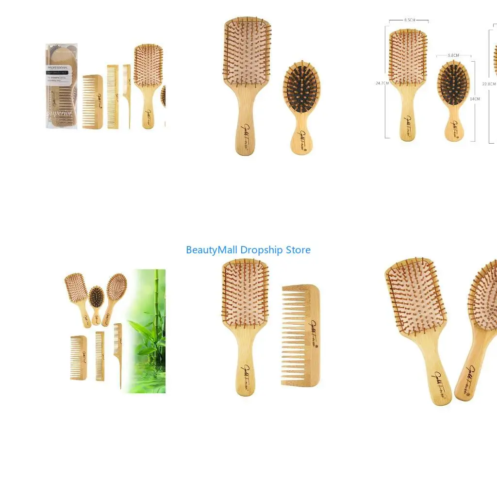 40JD 6Pcs Combs Set Healthy Paddle Scalp Hairbrush Bamboo Cushion for Head Massage Brush Hair Care