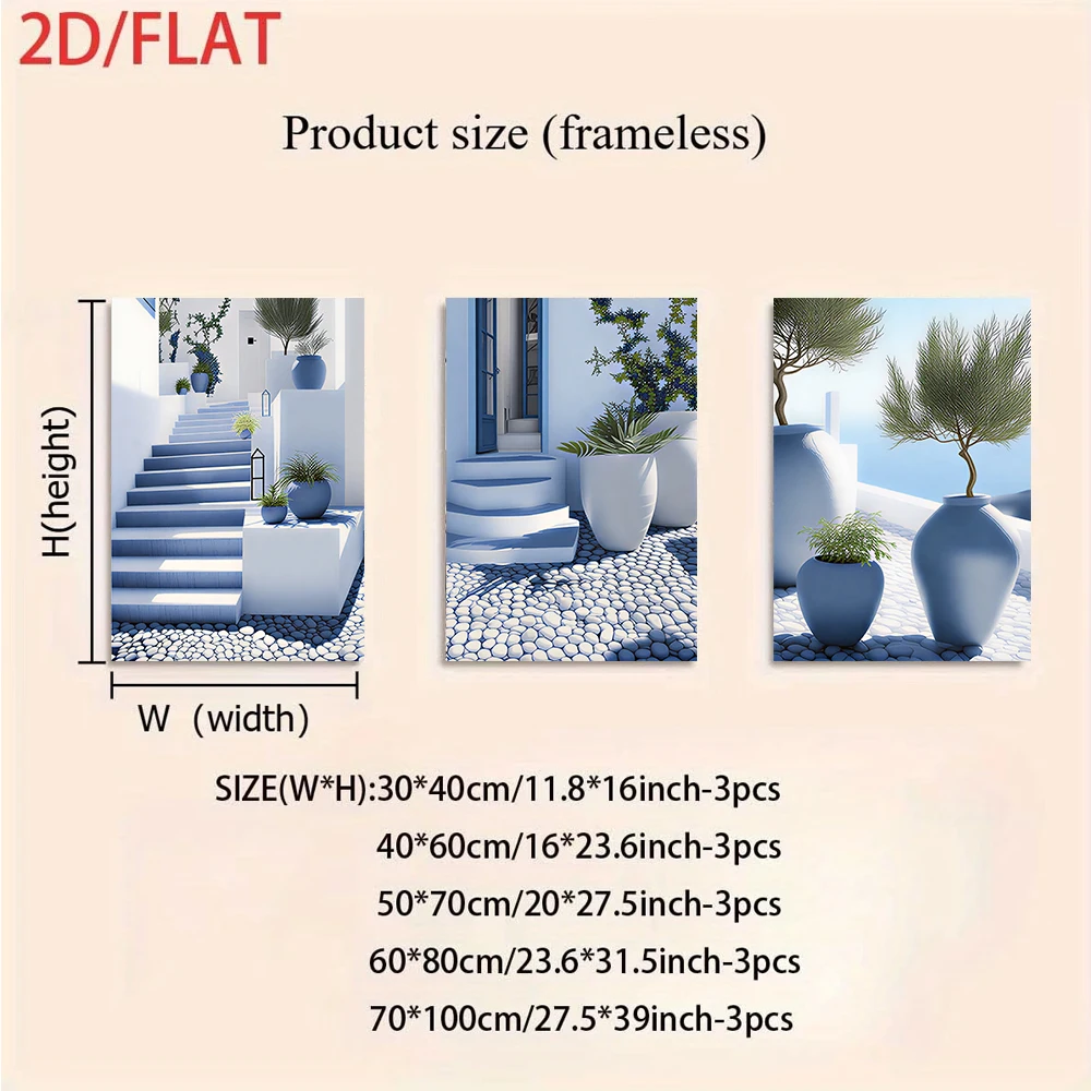 One set of Mediterranean-style three-panel frameless paintings, refreshing blue and white wall decorations, 2D flat design.