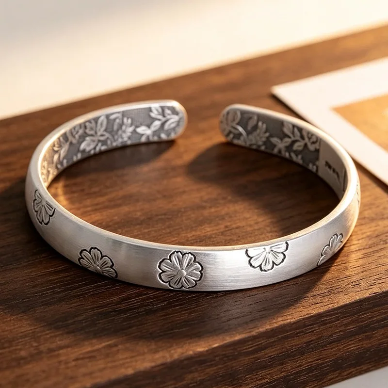 Chinese Style Retro Gesang Flower Peach Blossom Art 925 Sterling Silver Resizable Opening Bracelet For Women Fine Bangle BR401