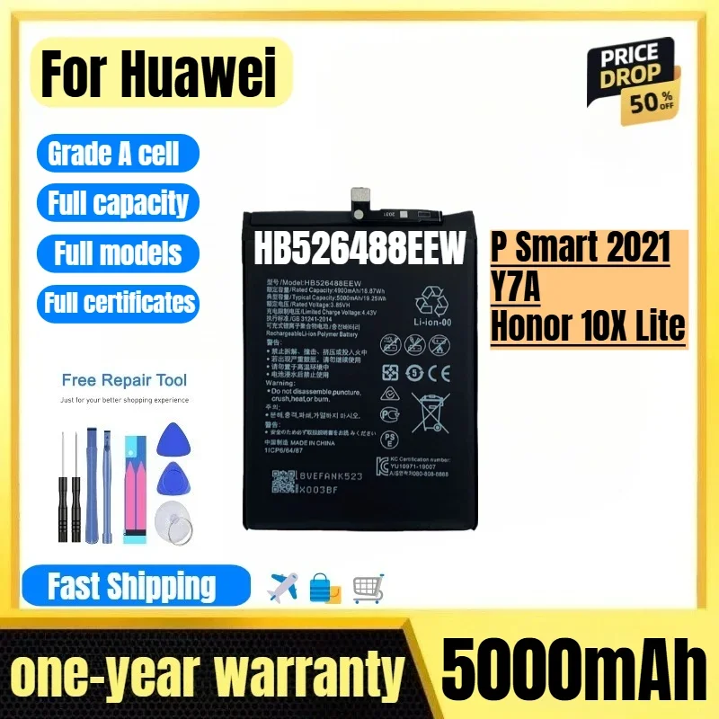 HB526488EEW for Huawei P Smart 2021/Y7A/Honor 10X Lite Phone Battery  High Quality High Capacity Replacement Bateria with Tools