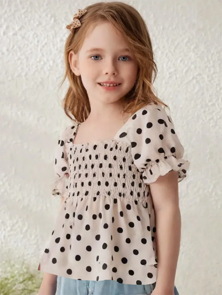 Summer rural style small wave dot shirt lace puffed sleeve cover belly folds design sense French waist temperament square collar