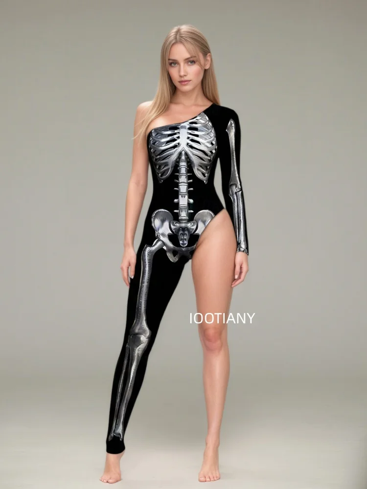 Gotischer Halloween-Skelett-Print-Bodysuit für Damen, One-Shoulder, einlanger Ärmel, asymmetrischer, enger Jumpsuit, Bühnen-Rave-Outfit – Detail 26