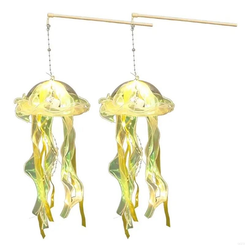   Jellyfish Handheld Lantern Light Decor Set with Flowing Ribbon Streamers, 2 Piece LED Accent for Party Areas and Family Use