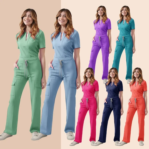 Imagen 2 del producto Uniforme médico para mujer, conjunto exfoliante de enfermera, Top con bolsillo y pantalones, traje de 2 piezas, ropa para quirófano de enfermería, Ropa de Trabajo para salón de belleza