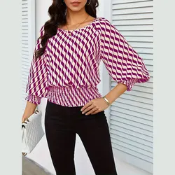 2024 Autumn Women's Lantern Sleeve Top Ladies New Waist Collection Color Contrast Print, Embroidered Long Sleeve Short T-shirt