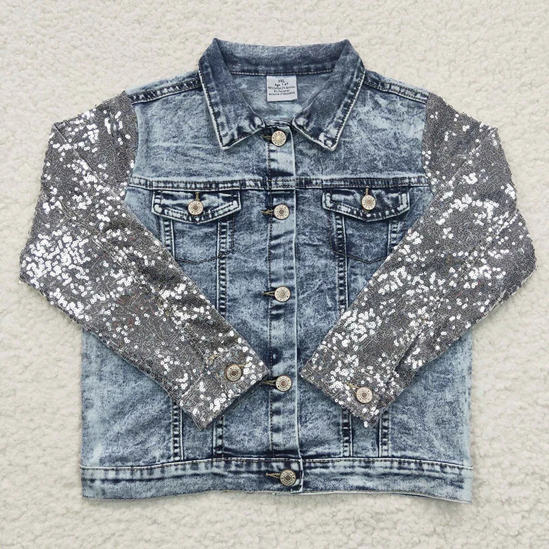 

Wholesale Toddler Buttons Infant Contrast Denim Baby Girl Jeans Coat Kids Sequin Long Sleeves Jacket Children Cute Clothes