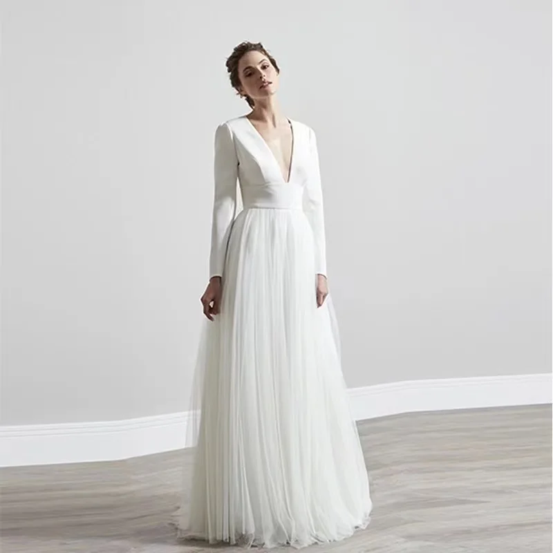 

Elegant Boho Wedding Dresses V-Neck A-Line Tulle Wedding Gown Beach Bridal Dress vestidos elegantes 2023